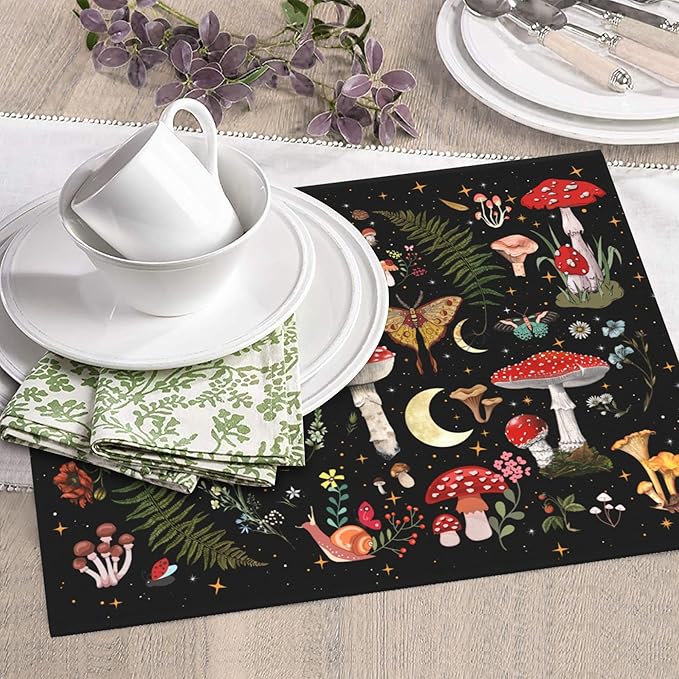 Mushroom Dish Drying Mat for Kitchen Counter Moth Gothic Witchy Dish Drainer Rack Mats 16x18 Inch Absorbent Reversible Black Drying Pad