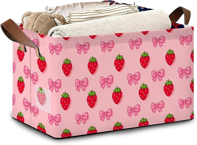 Strawberry Storage Basket with Handles,Bow Collapsible Rectangle Organizer Bin for Room Decoration Books Box Baskets 17x11.5x10Inch