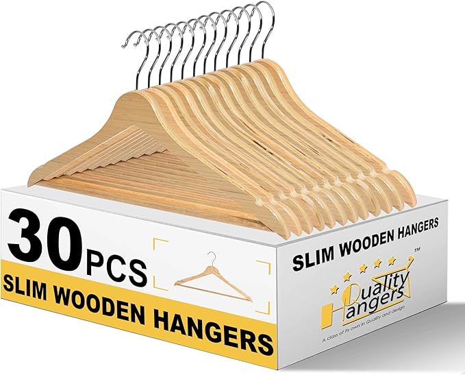 Quality Hangers Premium Slim Wooden Hangers 30 Pack - Thin Space Saving Hangers with 360 Degree Swivel Hook & Shoulder Groves Types of Clothing – Natural (30, Natural)