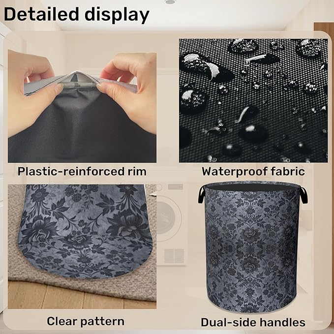 Black Damask Flower Laundry Basket - Large Laundry Hamper with Handles, Space Saving Foldable Design for Nursery