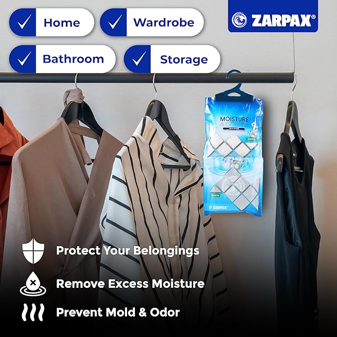 ZARPAX Hanging Moisture Absorber Fresh Cotton 10.6 oz/300g | Moisture Absorbing Bags for Bathroom, Closet, Kitchen & Vehicles | Removes Moisture, Humidity & Odors | Portable Dehumidifier | Set Of 20