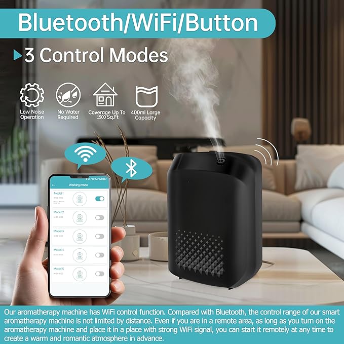 WiFi Smart Scent Air Machine for Home, App Control Waterless Essential Oil Diffuser, 1500 Sq.Ft Cold Air Diffusion System, 400ml Hotel Collection Diffuser for Large Room, Office (Black)