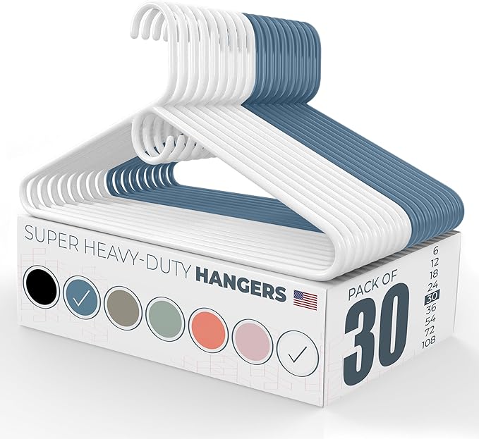 Neaties Super Heavy Duty Clothes Hangers 30 Pack – Made in The USA - 10lb Capacity, Thick Plastic Hangers for Pants, Coats, Jackets, Jeans and Adult Clothing – White & Blue
