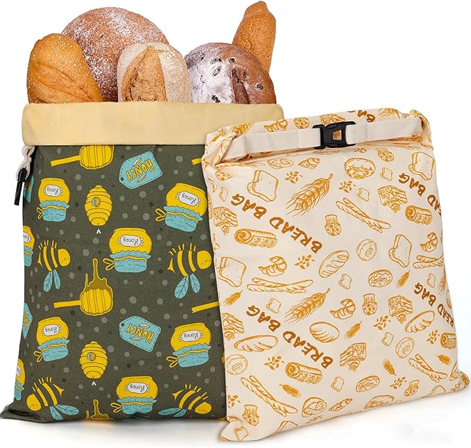 2 Pack Natural Beeswax Bread Bags for Sourdough Homemade Bread, Reusable Natural Organic Linen, Food Storage Cloth Bag, Large Capacity Portable, Freezer-Friendly, Freshness Preservation