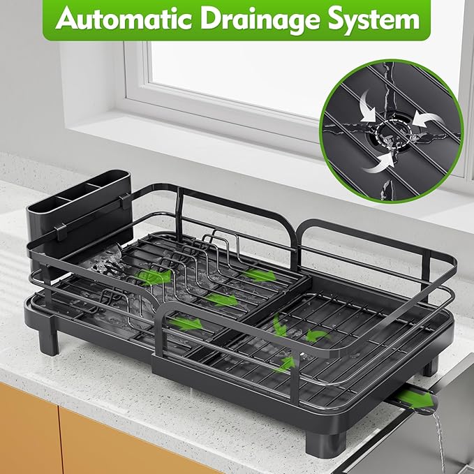 TOOLF Expandable Dish Rack, Dish Drying Rack for Kitchen Counter, Foldable Dish Dryer Rack, Stainless Steel Dish Drainer Racks with Cutlery Holder, Collapsible Dish Drying Racks Standard Size,Black