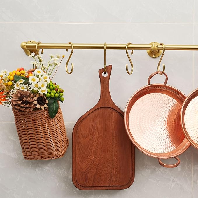 SRYBLT 31.0 Inch Brass Pot Rack with Hooks,Wall Kitchen Mounted Organizer,Segmented RailHanging Rack for Kitchen Wall Rail with Hooks