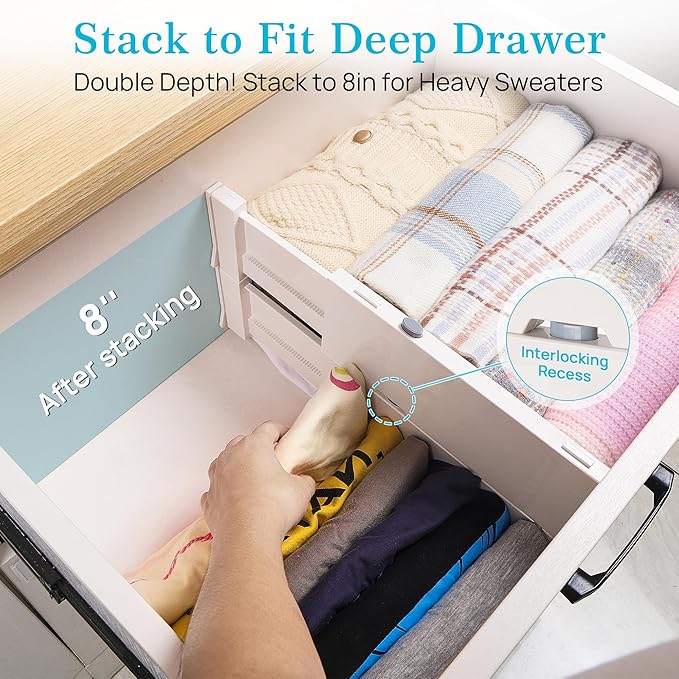Vtopmart 4 Pack Drawer Dividers for Clothes, 4" High 11.3"-17" Adjustable Expandable Dresser Drawer Organizer, Plastic Drawers Separators for Dresser, Baby Clothes, Underwear, Kitchen & Office Storage