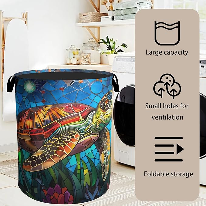 Sea Turtle Foldable Canvas Laundry Basket with Handles - Toy Organizer, Heavy Duty for Home，Bedroom, Dorm, Bathroom