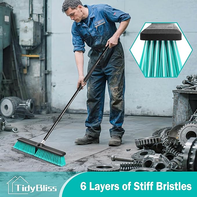 18” Push Broom Outdoor Heavy Duty 3 Pack, Large Commercial Stiff Bristle Brush with 63 inches Long Handle for Garage Shop Garden Yard Patio Deck Street Warehouse Lawn Driveway (Green)