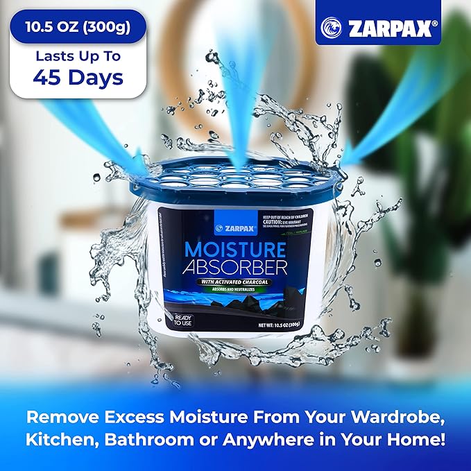 ZARPAX Moisture Absorber Activated Charcoal 10.5 oz/300g | Removes Moisture, Damp, Humidity & Odors | Odor Absorber | Moisture Trap for Bathroom, Closet, Kitchen & Small Spaces | Set of 4