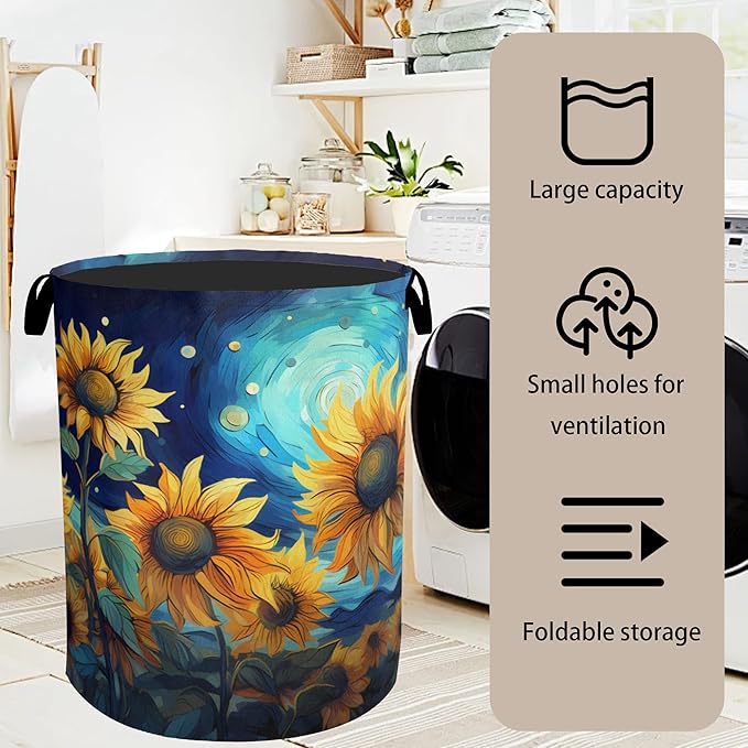 Starry Sky Sunflower Laundry Basket - Heavy Duty 60L Dirty Clothes Organizer, Water Resistant Foldable Hamper for Men Women