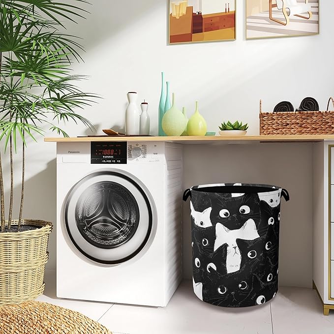 Cute Black Cat Laundry Hamper,Dirty Clothes Laundry Basket with Handles Waterproof Oxford Cloth Storage Basket for College Dorms Bathroom Bedroom 16" x 20.8"