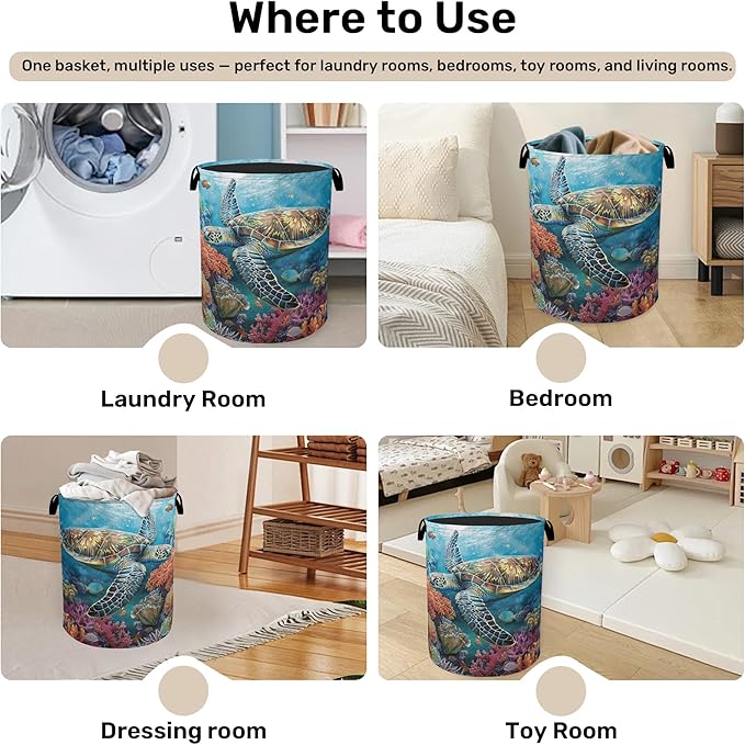 Sea Turtle Foldable Canvas Laundry Basket with Handles - Storage Organizer, Heavy Duty for Home，Bedroom, Dorm, Bathroom