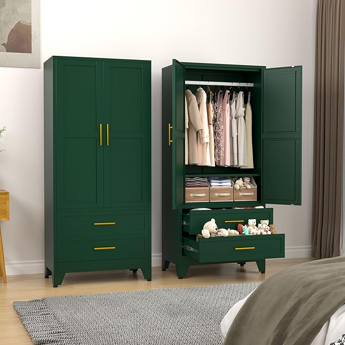 Metal Armoire Wardrobe Closet, 71 "Metal Clothing Storage Cabinet with Adjustable Shelves and Hanging Rod, Household Steel Wardrobe Storage Cabinet with Drawers (armoire-Green)