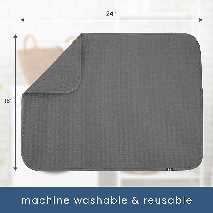 S&T INC. Dish Drying Mat XL, 18” x 24”, Absorbent Microfiber Kitchen Counter Mat, Drying Pad for Dishes, Utensils, Pots and Pans, Extra Large, Diamond Texture, Grey