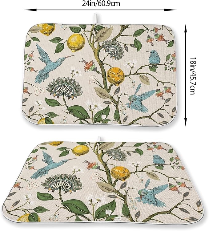 Boho Dish Drying Mat 18x24 Inch Vintage Lemon Floral Blue Bird Drying Mat Chinoiserie Flower Spring Summer Seasonal Absorbent Dish Drying Pad Dish Rack Drainer Mats for Kitchen Dining Counter