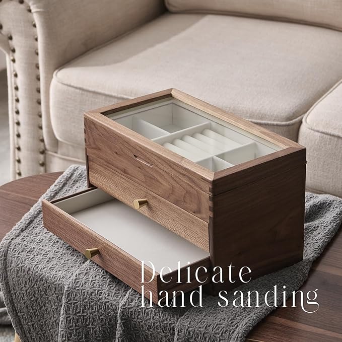 Beexchange Black Walnut Wooden Jewelry Box - Allwood, Handcrafted, Glass Lid 2 drawer. Gift for Women, Men, and Girls. large Jewelry Organizer Storage.(Triple-Layer)
