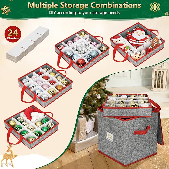 Christmas Ornament Storage Box with Adjustable Dividers, 4 Removable Trays, Christmas Ornament Organizer Ornament Holder Holds Up to 64 Xmas Balls, Durable Christmas Ball Storage Container