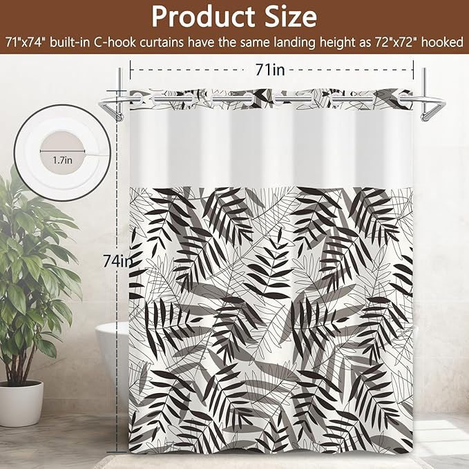 TQUQOBU No Hook Tropical Brown Beige Leaves Shower Curtain and Liner Set, Minimalist Boho Vintage Botanical Hotel Style Waterproof Fabric Shower Curtain with See Through Top Window, 71x74 Inch