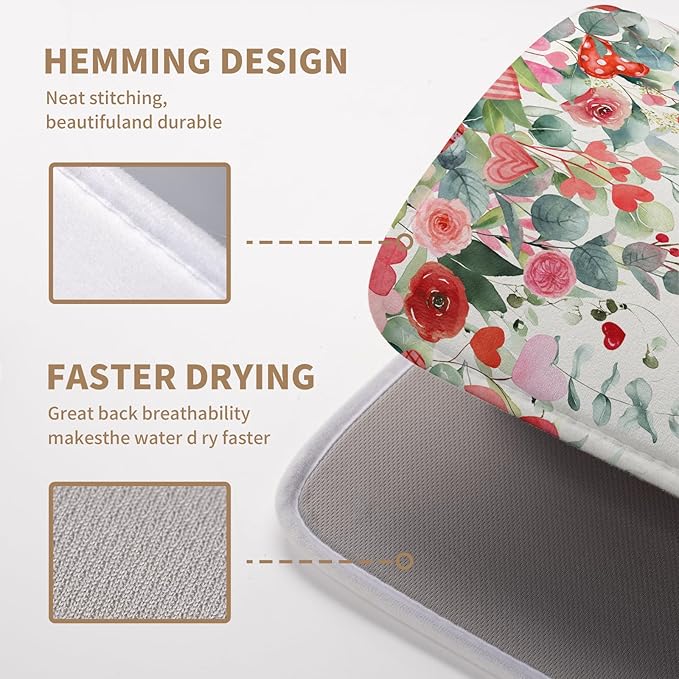 Wnoesat Valentines Day Love Heart Rose Eucalyptus Leaves Dish Drying Mat for Kitchen Counter 16x18 Inch Spring Valentine Microfiber Absorbent Dish Drainer Mats Reversible Drying Pad