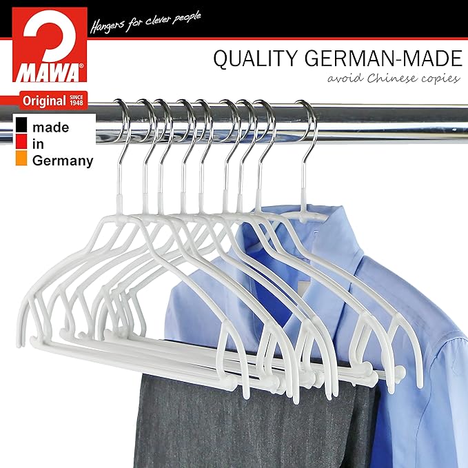 Mawa by Reston Lloyd Silhouette Ultra-Thin Series, Non-Slip Space Saving Shirt Hanger with Pant Bar & Skirt Hooks, Style 42/FTU, Pack of 2, White