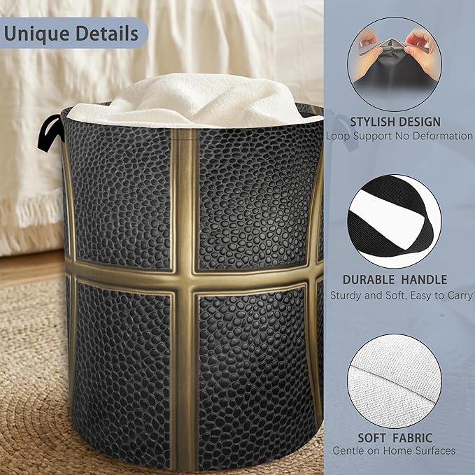 Basketball Gold Laundry Basket,Foldable with Handles Tote Bag Oxford Cloth for Bathroom Bedroom Dirty Clothes Storage Bucket 16" x 20.8"