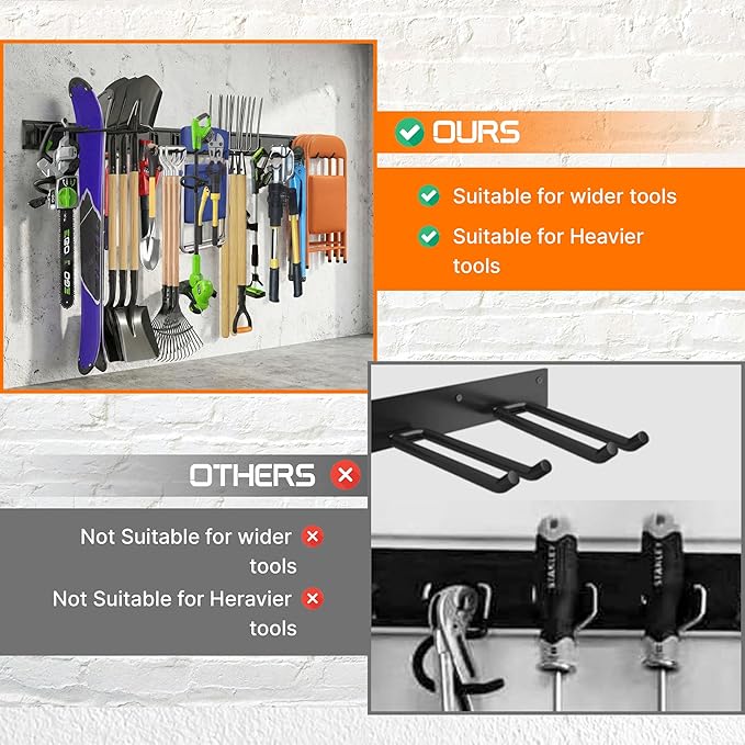 "64 Garage Tool Organizer Wall Mount - Heavy Duty 750lbs Metal Storage Rack, Easy Install Adjustable Hooks for Garden Tools Brooms