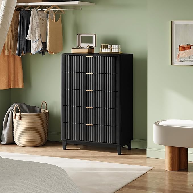 WLIVE Fluted Dresser for Bedroom with 5 Drawers, 46.26" Tall Wooden Dresser with Golden Metal Handles, Mid Century Modern Chest of Drawers for Living Room, Hallway, Closet, Solid Black