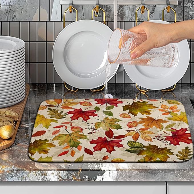 Wnoesat Fall Drying Mat for Kitchen Counter 16 x 18 Inch Maple Leaves Autumn Thanksgiving Harvest Dish Drying Mats Absorbent Microfiber Dish Draining Washable Reversible Dishes Pad