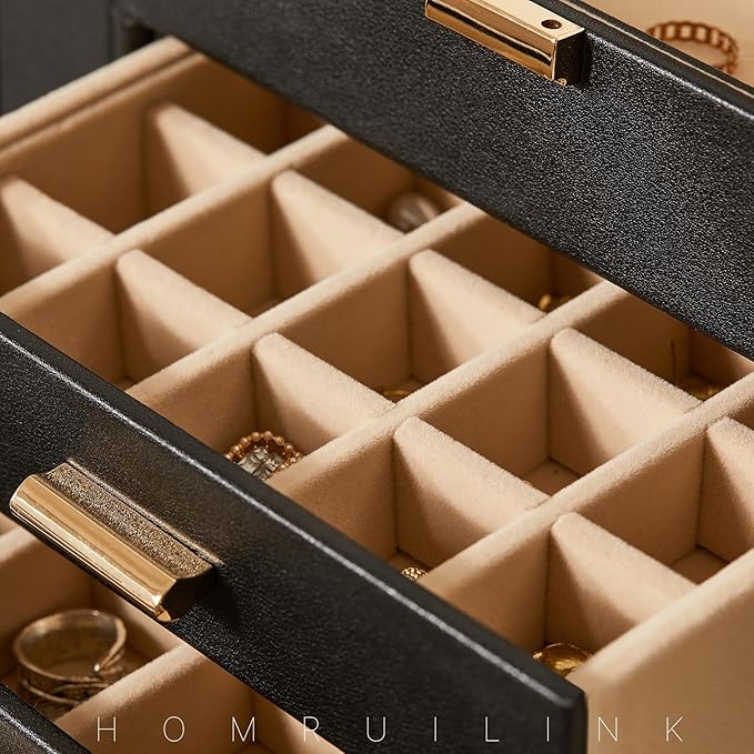 Large Leather Jewelry Box Organizer 6 layer Jewelry Storage Case for Women Girls Ring Necklace Earring Bracelet Holder with Mirror Valentine's Day Gift(Black)