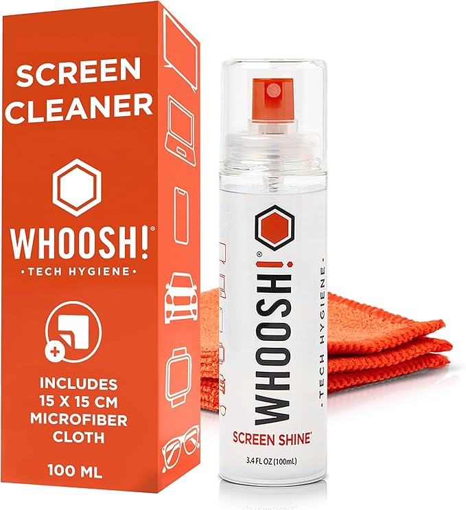 WHOOSH! Screen Shine Go XL - 3.4 fl oz with Microfiber Cloth - Powerful Streak-Free Screen Cleaner Spray and Wipe for MacBook, Laptop, Car, Eyeglasses & Phone - Sleek Bottle for Home, Work or Travel