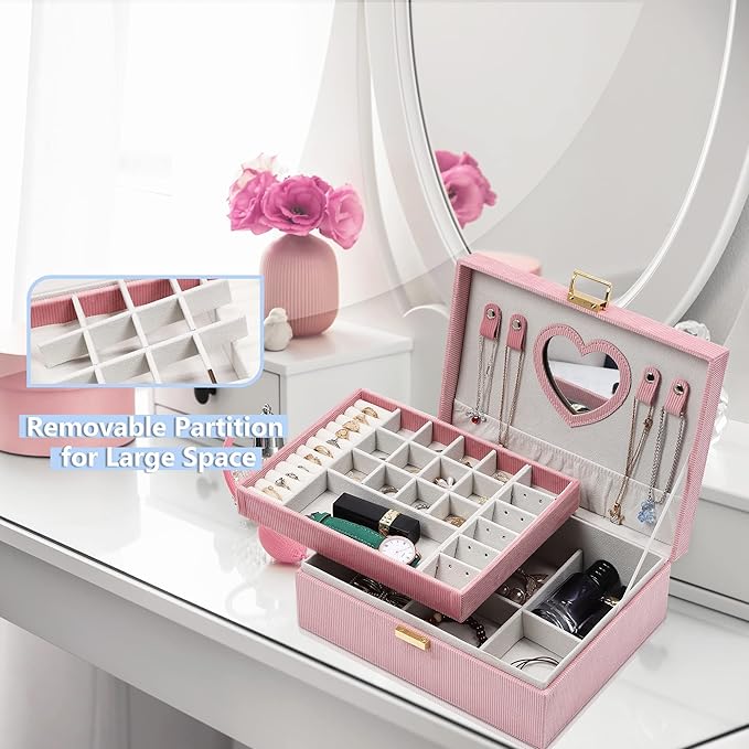 Dajasan Jewelry Boxes for Women Girls, Jewelry Organizer Box, 2-Layer Large Velvet Jewelry Organizer for Rings Necklaces Bracelets Watch Earring（Pink）