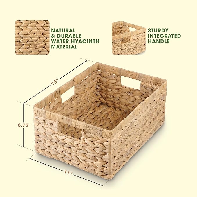 Large Rectangular Wicker Basket - Premium Water Hyacinth Storage Basket with Built-in Handles for Home Organization, Shelf Organizer, Decorative Natural Handwoven Basket, 15x11x7"