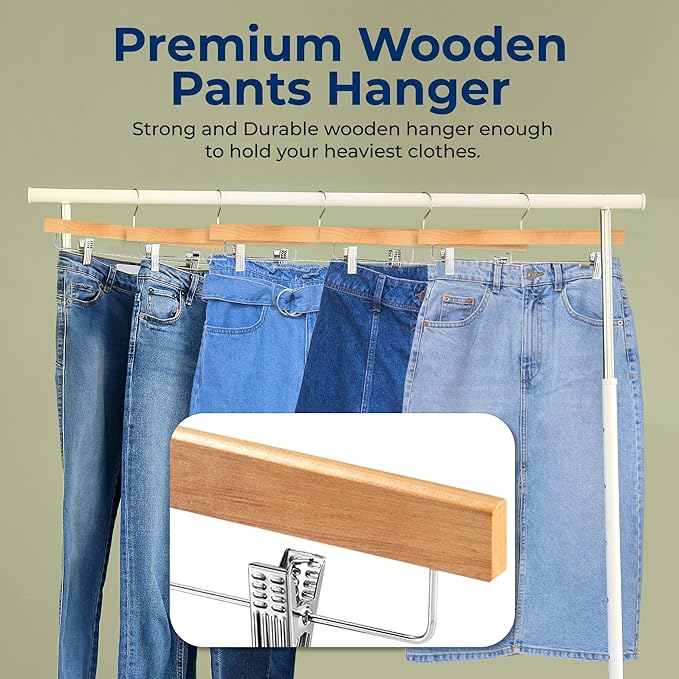 SereneLife 10 Pack Skirt and Pant Hanger with Adjustable Non-Slip Steel Clips, Premium Wooden, 360° Swivel Hook & 10 lb Capacity – Space-Saving Heavy-Duty Hangers for Jeans, Shorts & Slacks (Natural)
