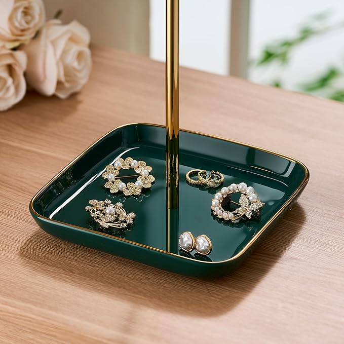 pickpiff Necklace Holder Stand with Ceramic Base: 12" Jewelry Tree Display Organizer for Necklaces, Bracelets, Rings, Earrings, Tall Gold and Green Stand for Women, Aesthetic Room Décor