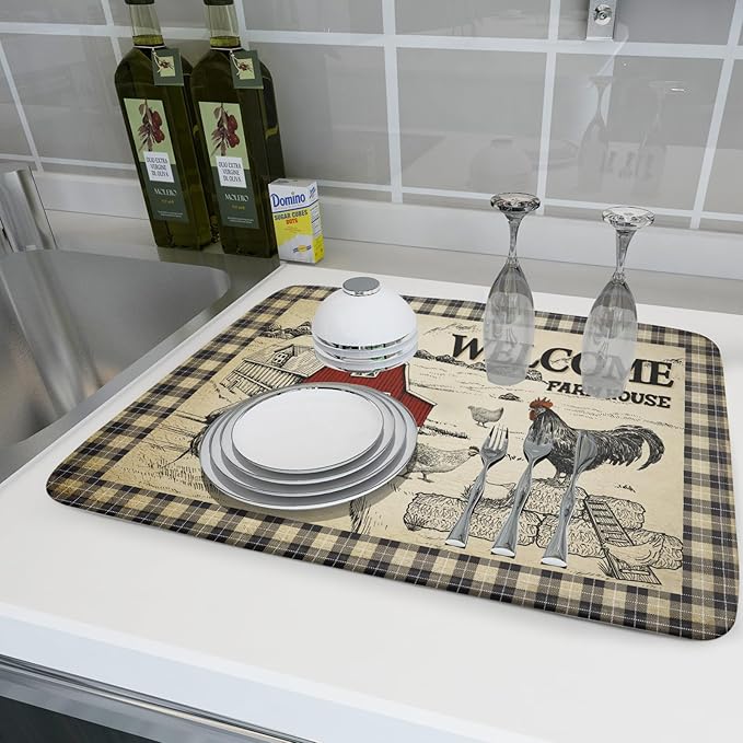 Farmhouse Rooster Dish Drying Mat 18x24 Inch Country Chicken Absorbent Dish Drainer Mat Reversible Countertops Protector Pad Kitchen Accessories