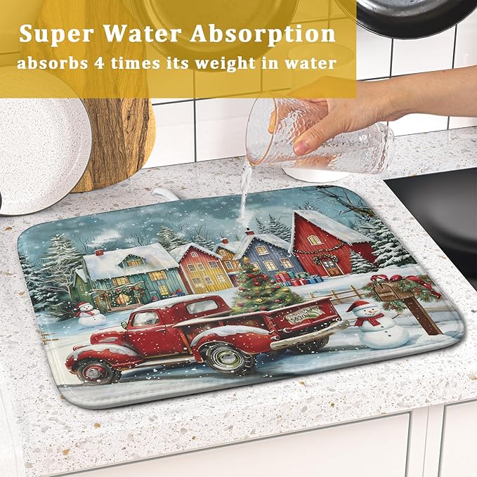 Christmas Dish Drying Mat for Kitchen Counter 18x16 Inch Xmas Red Truck Drying Mat with Absorbent Reversible Microfiber House Snowman Winter Dish Drainer Mats Rack Pad for Coffee Countertop Protector