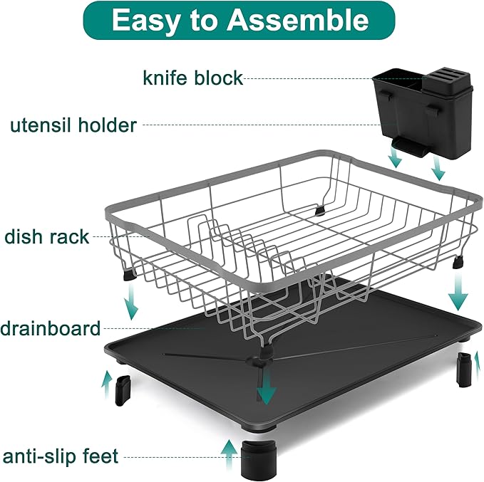 Goderewild Dish Drying Rack for Kitchen Counter,Space-Saving Dish Rack with Drainboard,Rustproof Countertop Dish Drainer with Utensil Holder for Sink,Gray