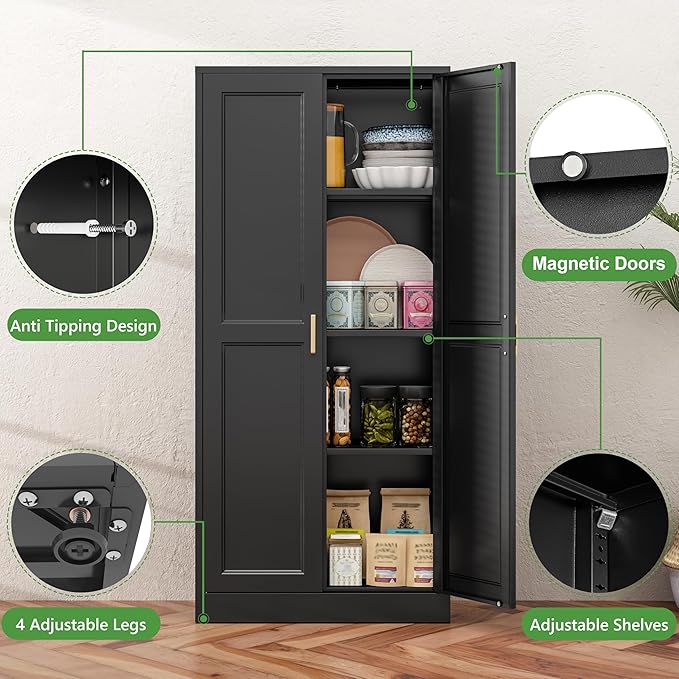 60" Kitchen Pantry Storage Cabinet,Black Tall Storage Cabinet With Doors and Shelves,Metal Food Pantry Cabinets for kitchen storage,Freestanding Cupboard for Dining Living Room,Assemble Required