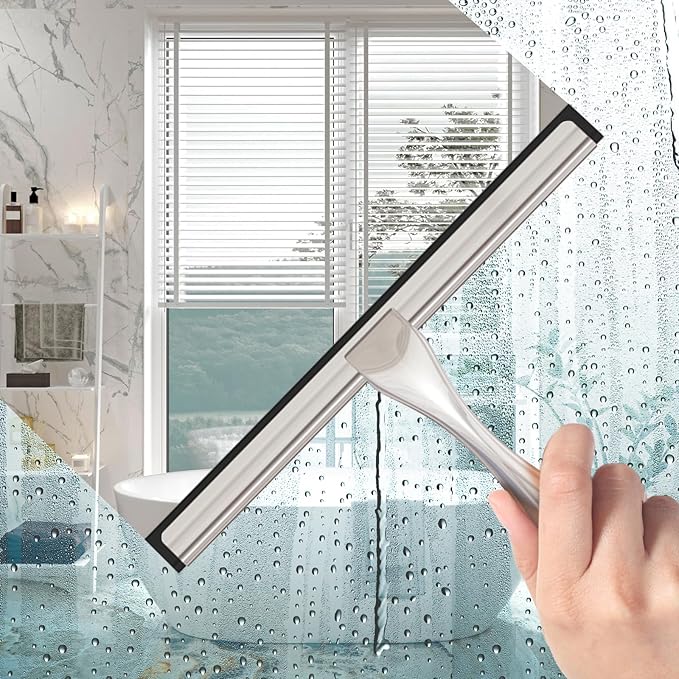 Zeerun All-Purpose Stainless Steel Shower Squeegee for Glass Doors with Adhesive Hooks, Squeegee for Shower Glass, Bathroom Household Cleaner Tool for Window Mirror Tile Wall Car, 12 inch, Silver