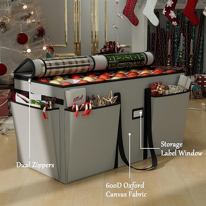 VERONLY Christmas Ornament Storage Box with 8 Trays, Christmas Storage Container for 128-3'' Holiday Ornament Decorations, Large Xmas Organizer with Adjustable Dividers, Dual Zipper and Pocket