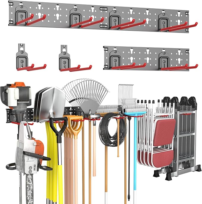 TORACK Garden Tool Organizer Wall Mounted, Garage Folding Chair Storage Rack, Tools Rack for Shovels, Rakes, Broom, Ladders, Hooks for Keyhole Style Shelving Unit(13 pcs)