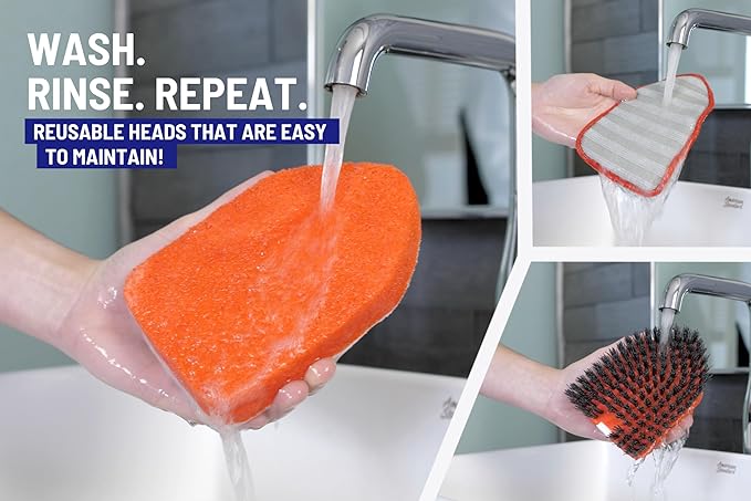 Moku Home Shower Scrubber 3 in 1 Extendable Long Handle 58" Cleaning Brush - Non Scratch Shower Brush for Cleaning Bathroom Kitchen Toilet Wall Tub Tile Sink (Red)