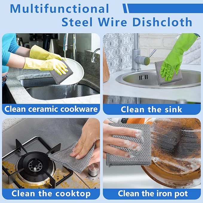 Tecbeauty 30Pcs Multipurpose Wire Dishwashing Rags for Wet and Dry, 7.87" x 7.87" Non Scratch Steel Wire Dishcloth, Double Layer Reusable Metal Cleaning Cloth for Cookware, Sinks, Dishes, Stove Tops