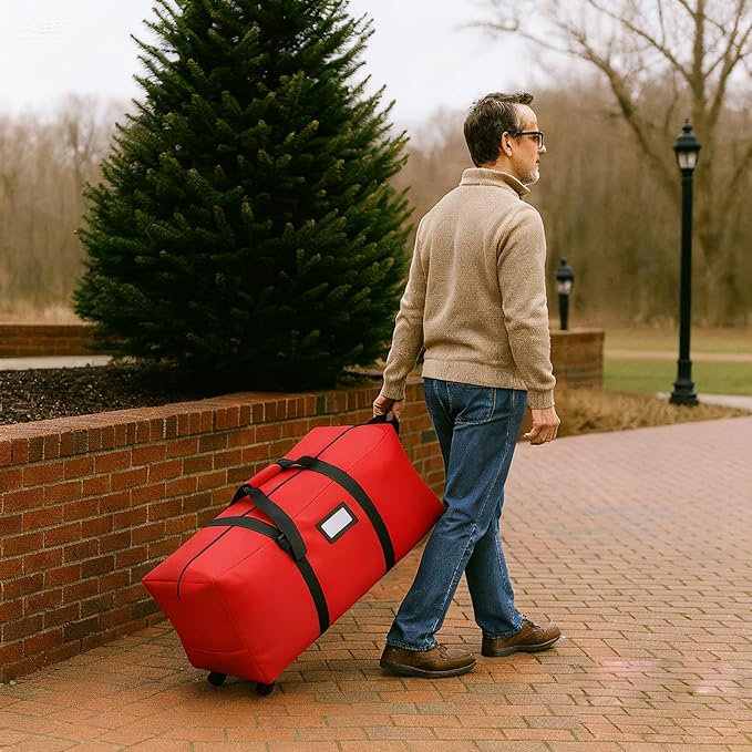 7.5 ft Christmas Tree Storage Bag, Heavy Duty Rolling Xmas Tree Bag with Reinforced Handles and Wheels, Large Storage Container for Trees and Decorations, Red