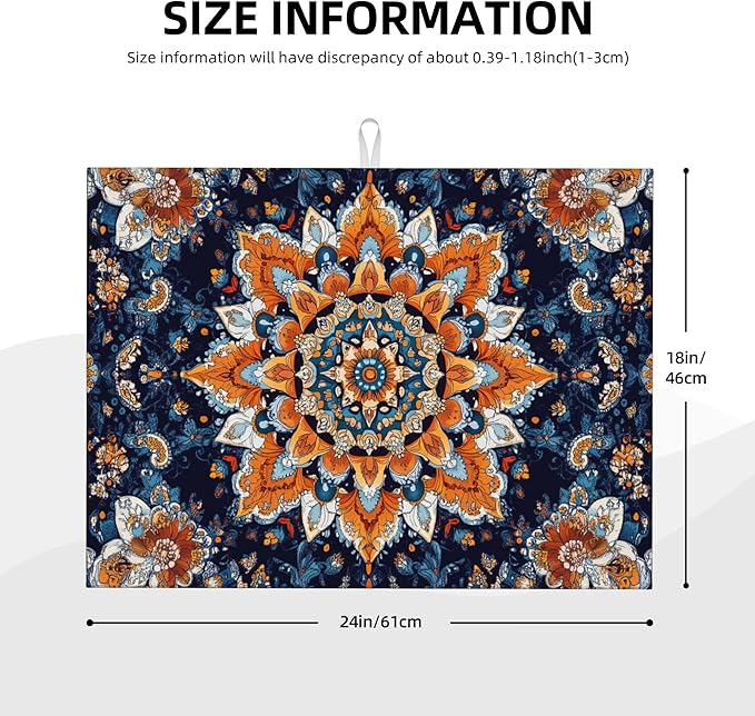 Mandala Flowers Dish Drying Mat for Kitchen Counter Microfiber Super Absorbent Non-Slip Dish Drying Pad for Countertops Dishes Utensils Stylish Quick-Dry Machine Washable 18x24 Inch