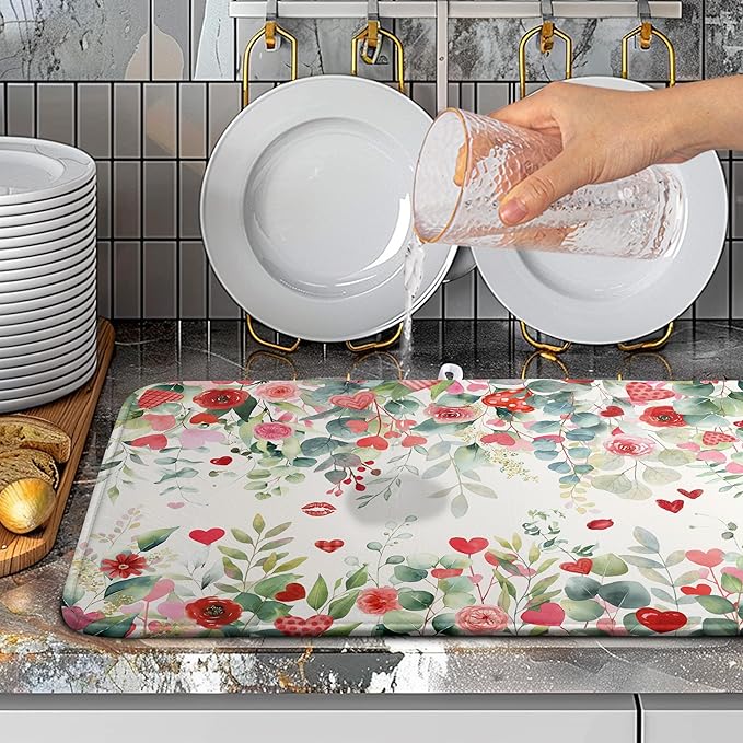 Wnoesat Valentine Dish Drying Mat for Kitchen Counter 18x24 Inch Valentines Love Heart Rose Eucalyptus Leaf Dishes Drying Pad Microfiber Absorbent Dish Draining Mat Washable Dish Drainer Mats