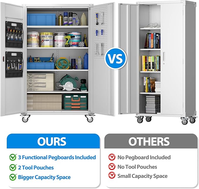 Upgraded Wide and Deep Garage Storage Cabinet with Wheels and Doors,Metal Storage Cabinet with Pegboards and 4 Adjustable Shelves for Garage Home Basement,Required Assembly,White,43.3"Wx21.9"Dx72"H