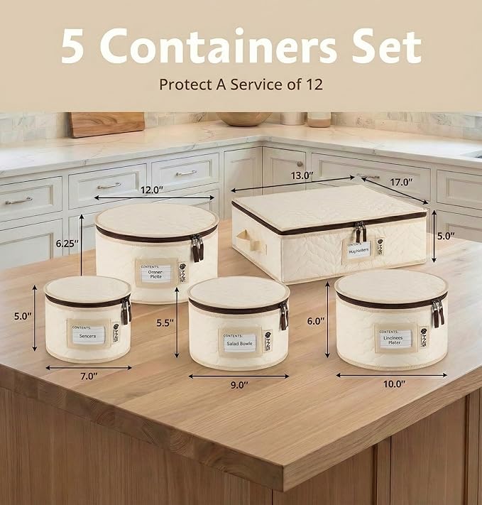 China Storage Hard Shell Containers 5-Piece Set Moving Boxes for Dinnerware, Glasses, Plates, Mugs and Saucers Sturdy Dish Organizer with Dividers for Seasonal Storage - Service for 12 - Beige Quilted