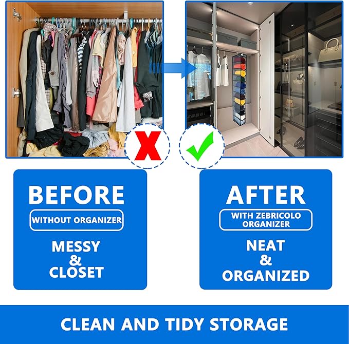 zebricolo,Closet Organization,12 Section,Hanging Closet Organizer,Space Saving, College Dorm Essentials for Girls, Heavy dutys Hooks Up to 45 Pounds, Clothes Storage,Closet Organizer,Grey/Black